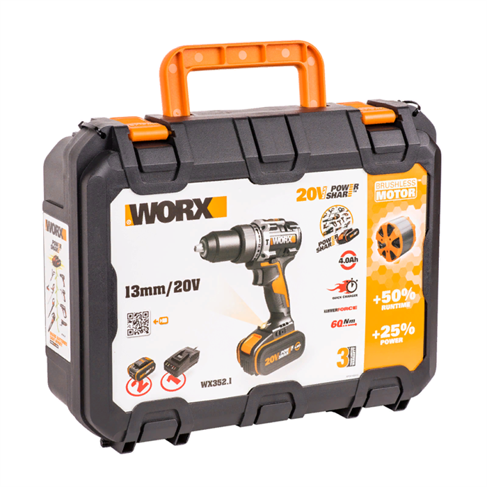 Дрель-шуруповерт ударная аккумуляторная WORX WX352.1, 60Нм, 20В, бесщеточная, 4Ач x2, ЗУ 2А, кейс WX352.1 - фото 5233