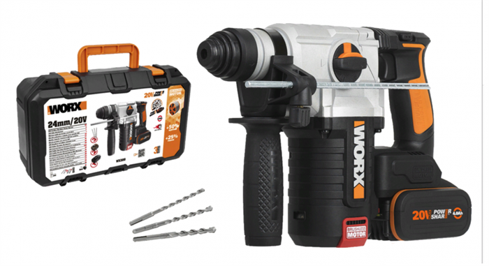 Перфоратор аккумуляторный бесщеточный WORX WX380, 20В, 4Ач x2, ЗУ 2А, кейс WX380 - фото 5342